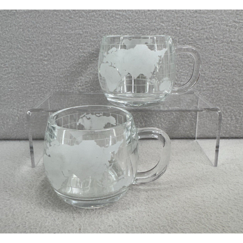 Set of 2 Vintage 1970s Nestle Etched Glass World Globe Flat Coffee Mugs 8oz